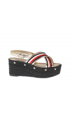 TOMMY HILFIGER CORPORATE RIBBON FLATFORM SANDAL GOLD BLK