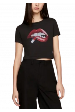 TOMMY HILFIGER TJW SLIM CRP WASHED TJ LIPS TEE - BLACK - BDS