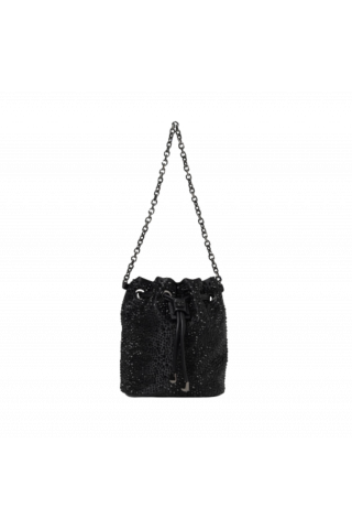 LA CARRIE - NIGHT ED. STRASS SMALL BUCKET SATIN BLACK