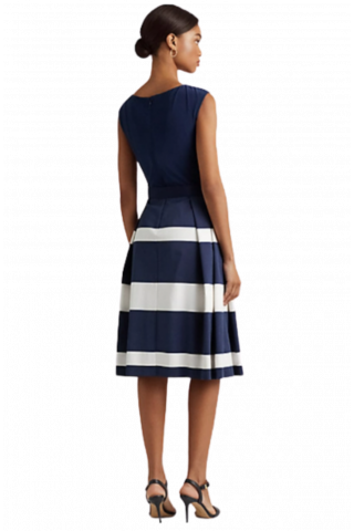 RALPH LAUREN PRINTED FAILLE-COCKTAIL DRESS W/CMBO - NAVY BLUE STR WHITE