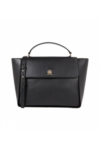 TOMMY HILFIGER CREST LEATHER SATCHEL - BLACK - BDS