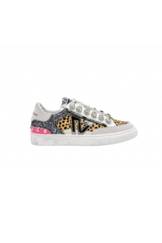 EMANUELLE VEE - SNEAKER OLIVIA MULTIMATERIAL+STRASS P011 COW SPLIT COMBI