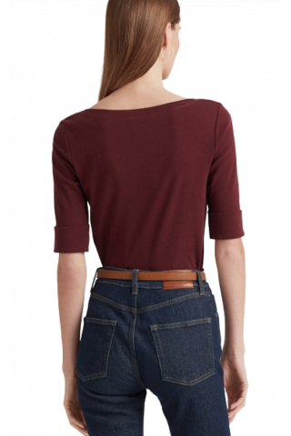 RALPH LAUREN RFND STRTCH BURGUNDY 1X1 RIB-ELB SLV BT NK TOP