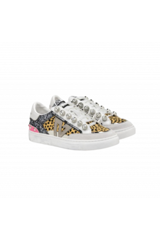 EMANUELLE VEE - SNEAKER OLIVIA MULTIMATERIAL+STRASS P011 COW SPLIT COMBI