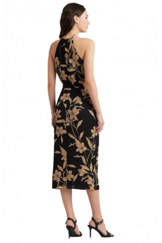 RALPH LAUREN DRAPEY POLY GGT 122-DRESS W/TRIM - MULTI BLACK-BEIGE