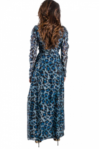 LIU JO BLACK CF2C41 ABITO LUNGO CHIFFON LEOPARD BLUE