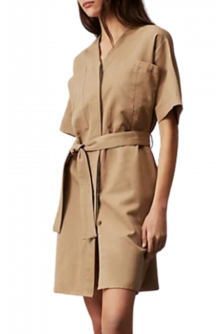 CALVIN KLEIN - COTTON LINEN BELTED SHIRT DRESS DUNE