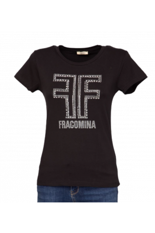 FRACOMINA WOMEN'S T-SHIRT BLACK LOGO STRASS