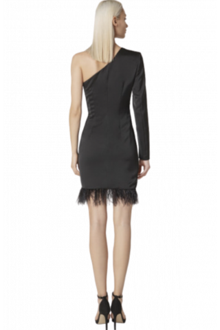 TASSOS MITROPOULOS DRESS MINI FEATHER SATΙN ONE SHOULDER BLACK