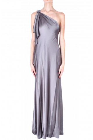 RALPH LAUREN DRESS SATIN CHARMEUSE ONE-SHOULDER GOWN GREY