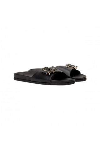 TOMMY HILFIGER HARDWARE LEATHER FLAT SANDAL - TH BLACK_BDS