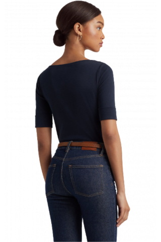 RALPH LAUREN RFND STRTCH 1X1 RIB-ELB SLV BT NT TOP NAVY