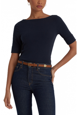 RALPH LAUREN RFND STRTCH 1X1 RIB-ELB SLV BT NT TOP NAVY