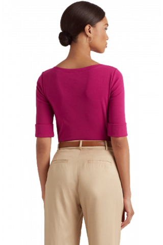 RALPH LAUREN RFND STRTCH 1X1 RIB-ELB SLV BT NT TOP FUCHSIA/BERRY