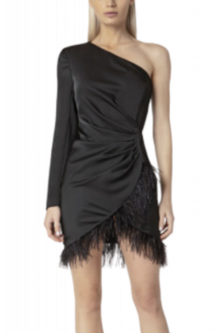 TASSOS MITROPOULOS DRESS MINI FEATHER SATΙN ONE SHOULDER BLACK