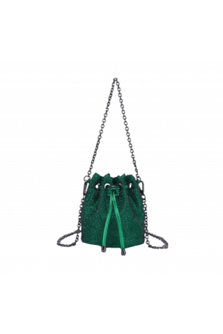 LA CARRIE - NIGHT ED. STRASS SMALL BUCKET SATIN GREEN