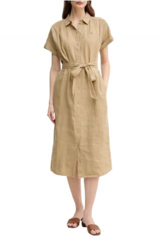 TOMMY HILFIGER ESS LINEN S/S MIDI SHIRT DRESS CAMEL - 358151