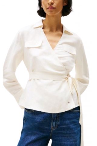 TOMMY HILFIGER TEXTURED LINEN WRAP BLOUSE ECRU - 358857