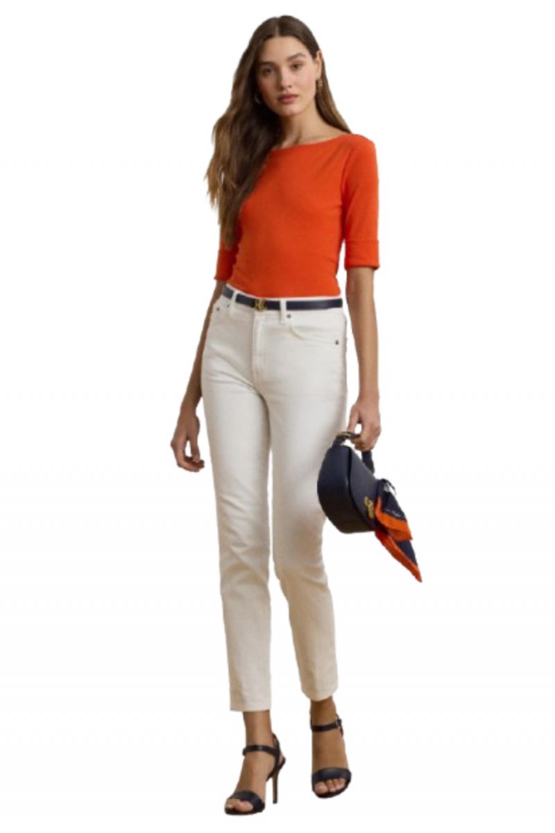 LAUREN RALPH LAUREN RFND STRTCH 1X1 RIB-ELB SLV BT NK TOP ORANGE - 358045