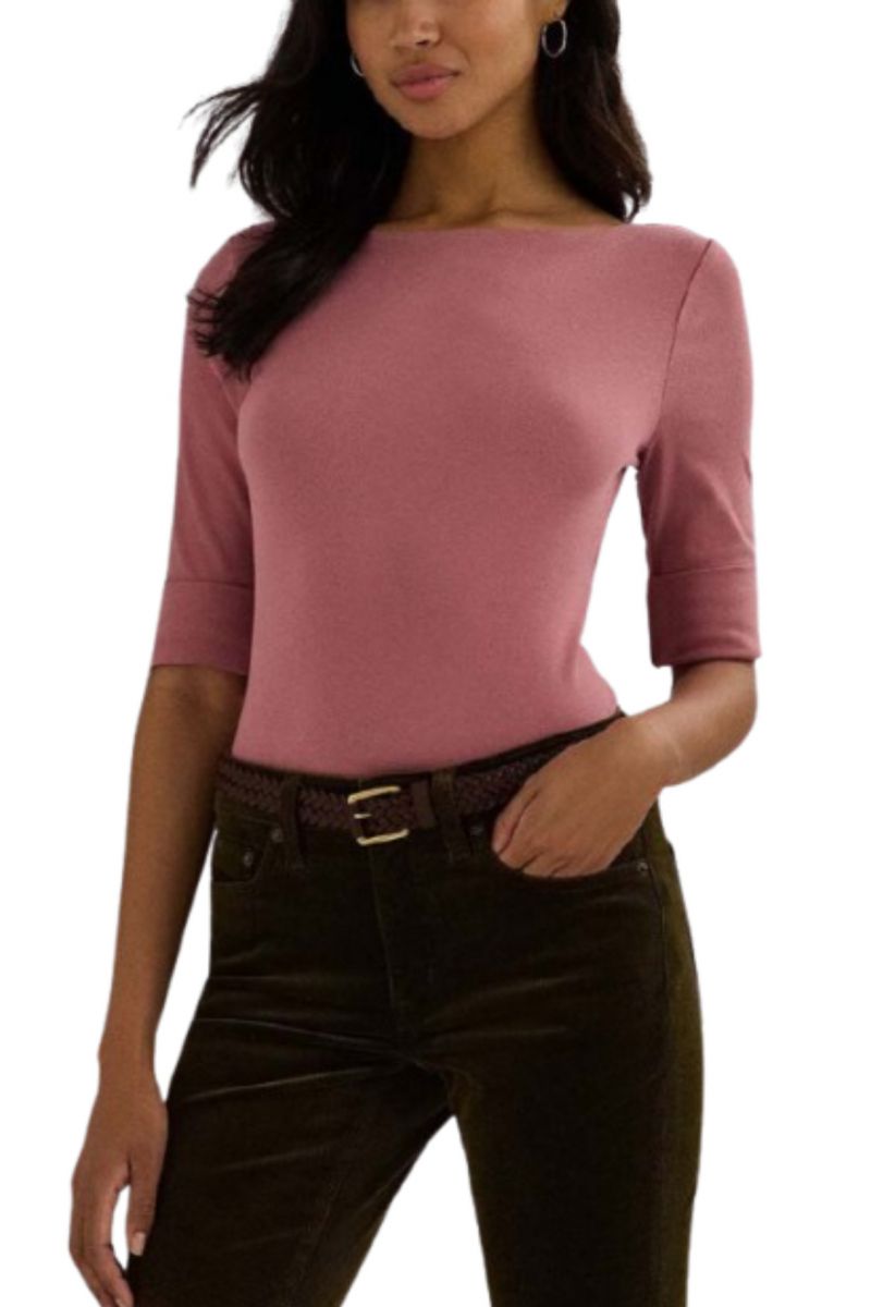 LAUREN RALPH LAUREN RFND STRTCH 1X1 RIB-ELB SLV BT NK TOP ROSE MAUVE - 358600