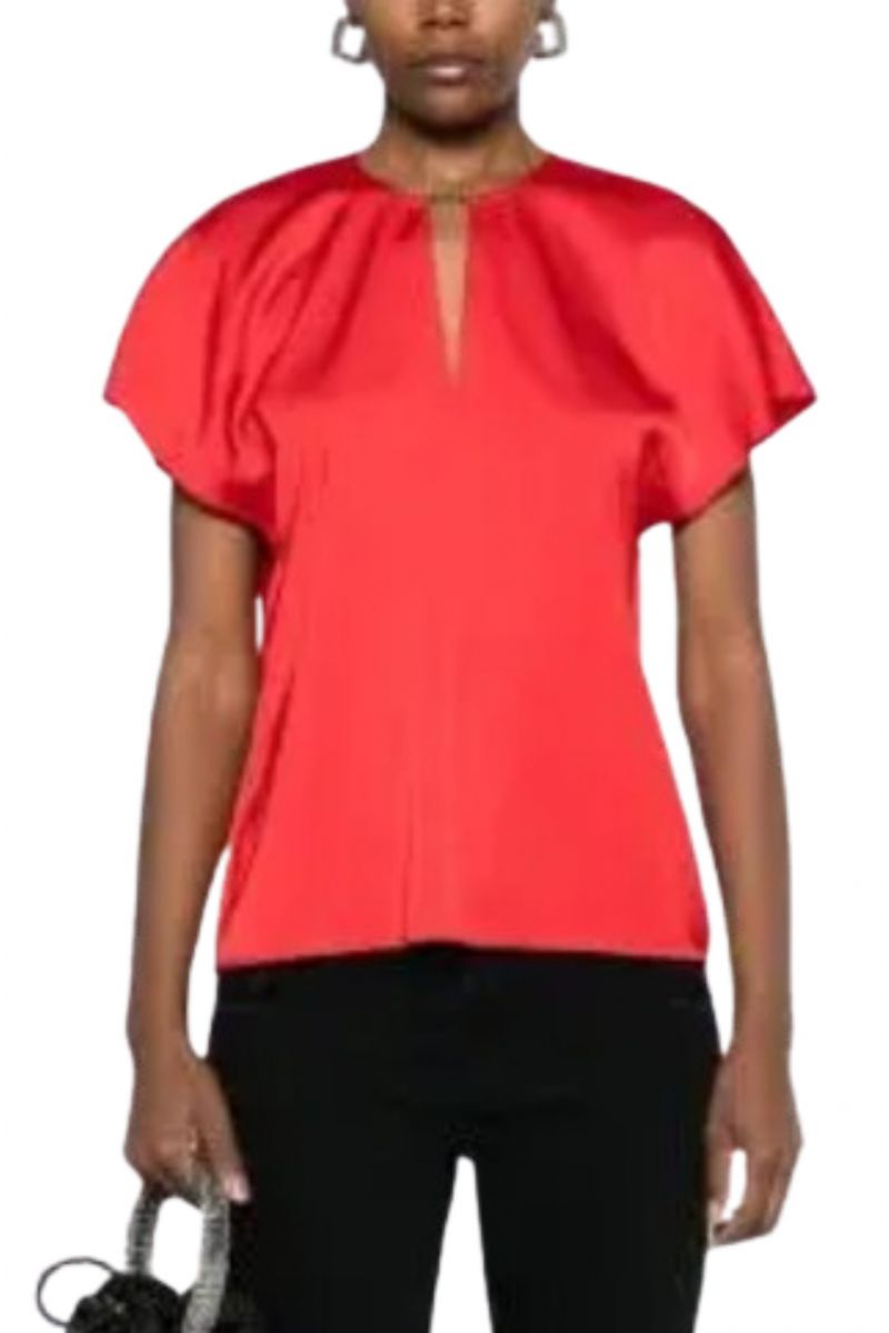 CALVIN KLEIN - DRAPEY SATIN SS METAL BLOUSE RED - 357679