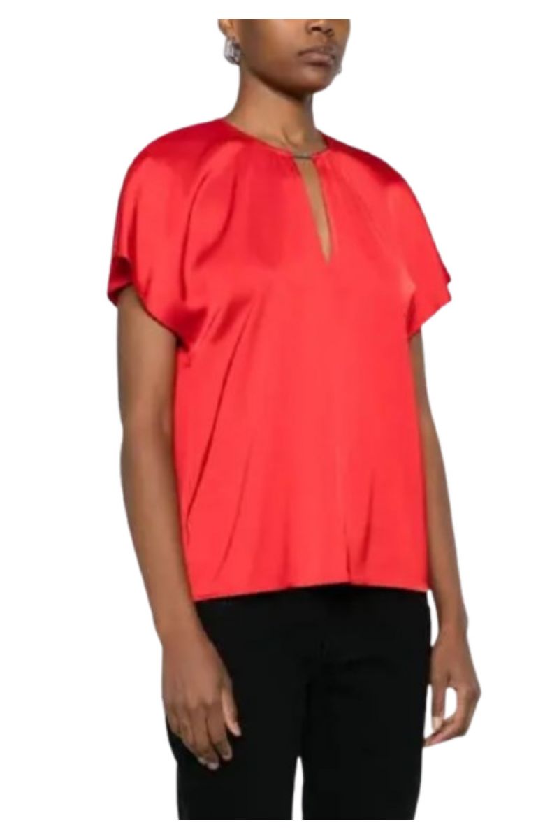 CALVIN KLEIN - DRAPEY SATIN SS METAL BLOUSE RED - 357679