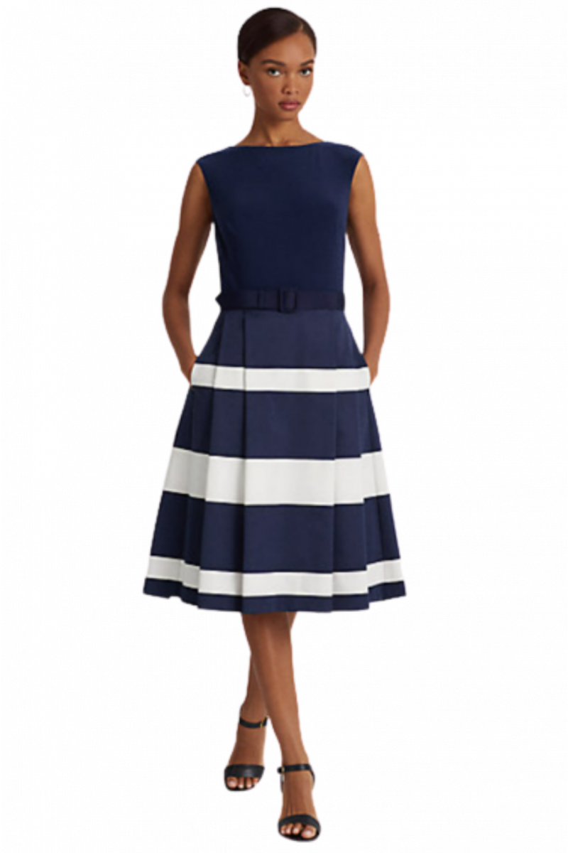 RALPH LAUREN PRINTED FAILLE-COCKTAIL DRESS W/CMBO - NAVY BLUE STR WHITE