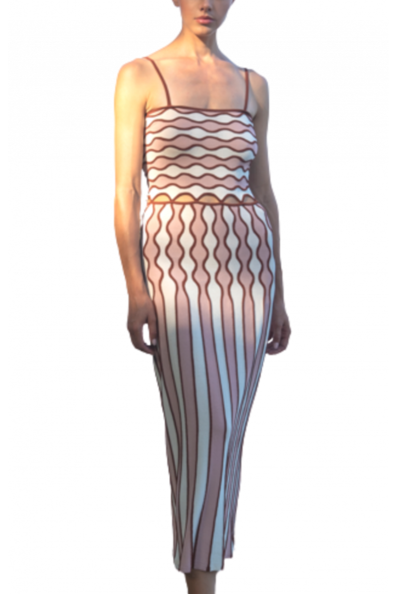 PORTAMI VIA CINDY MOTIVE MIDI DRESS ECRU&RED&PINK