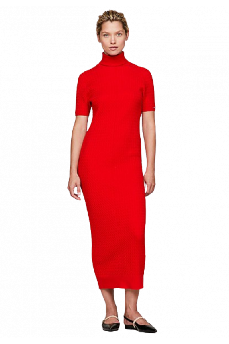 TOMMY HILFIGER SKINNY CABLE ROLL-NK SWT DRESS - RED - XND