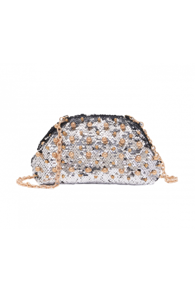 LA CARRIE NIGHT PAYETTE CLUTCH SYNTHETIC PEWTER STRASS