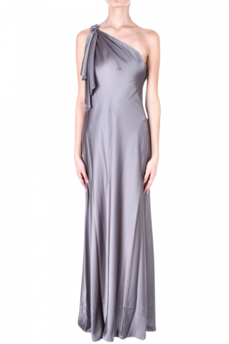 RALPH LAUREN DRESS SATIN CHARMEUSE ONE-SHOULDER GOWN GREY