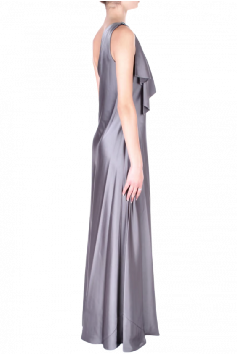 RALPH LAUREN DRESS SATIN CHARMEUSE ONE-SHOULDER GOWN GREY