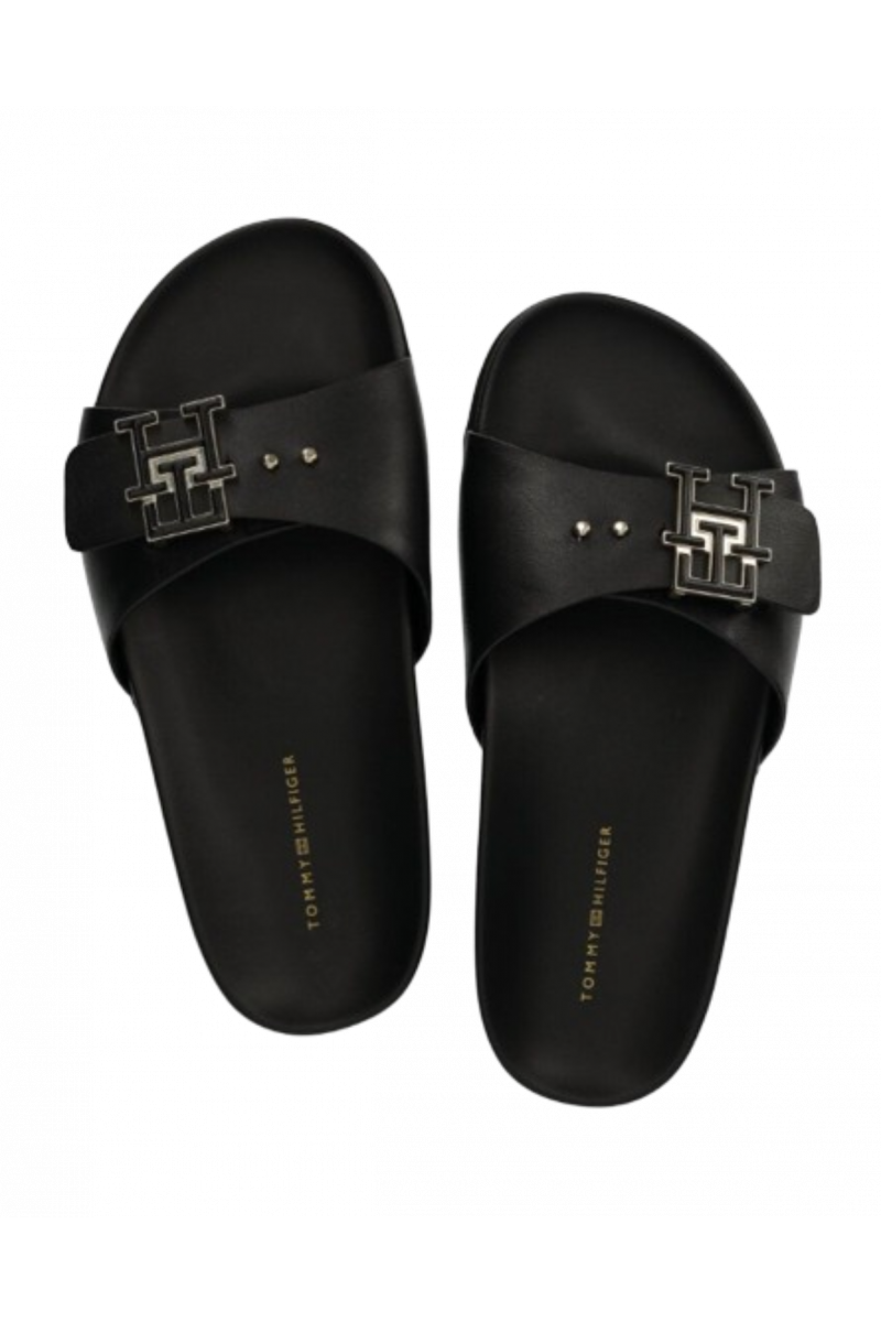 TOMMY HILFIGER HARDWARE LEATHER FLAT SANDAL - TH BLACK_BDS