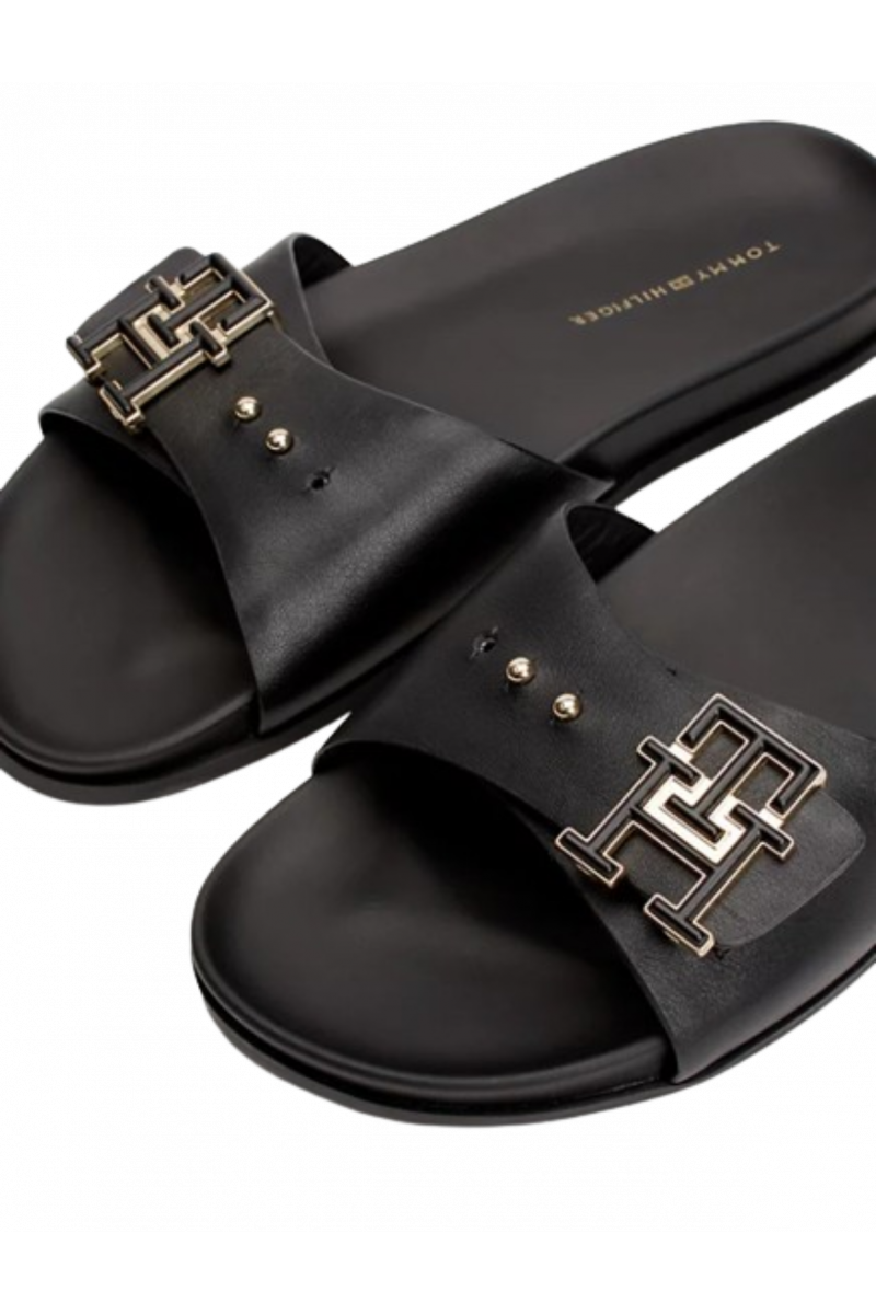 TOMMY HILFIGER HARDWARE LEATHER FLAT SANDAL - TH BLACK_BDS