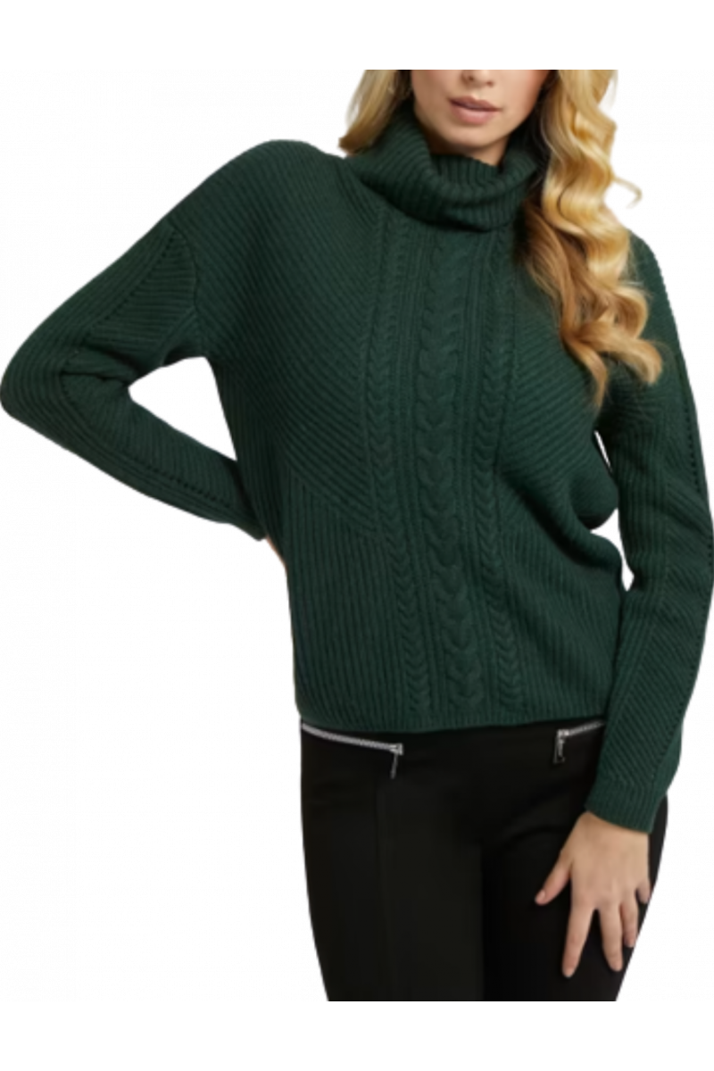 GUESS LS DAWNA CABLE TURTLENECK SWTR OIL GREEN