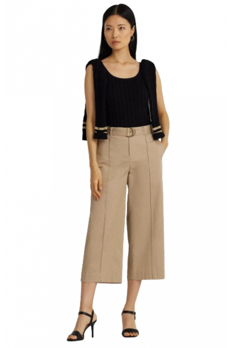 RALPH LAUREN MICROSANDED TWILL-WIDELEG PANT W/BELT - TAN