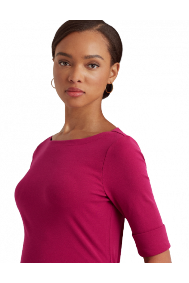 RALPH LAUREN RFND STRTCH 1X1 RIB-ELB SLV BT NT TOP FUCHSIA/BERRY