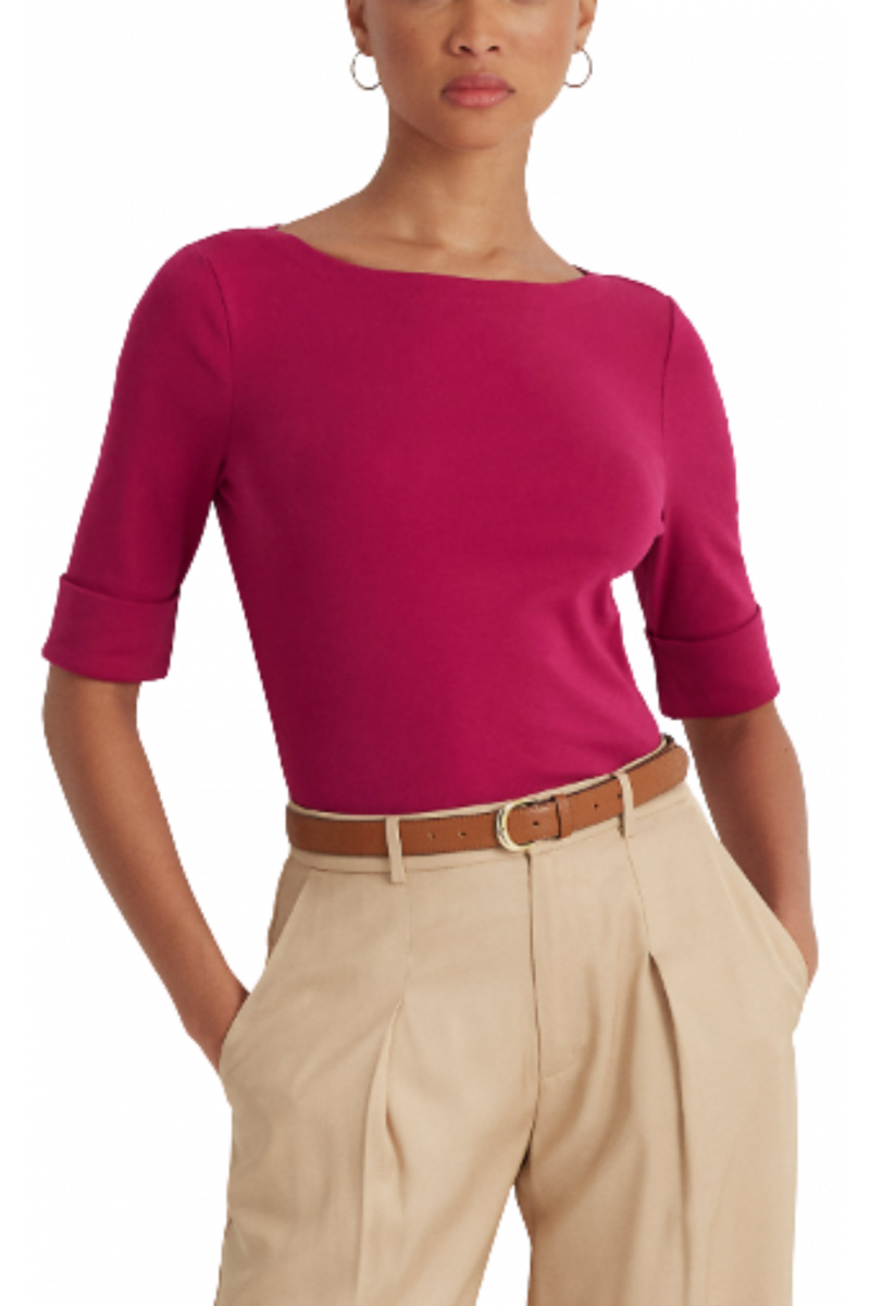 RALPH LAUREN RFND STRTCH 1X1 RIB-ELB SLV BT NT TOP FUCHSIA/BERRY