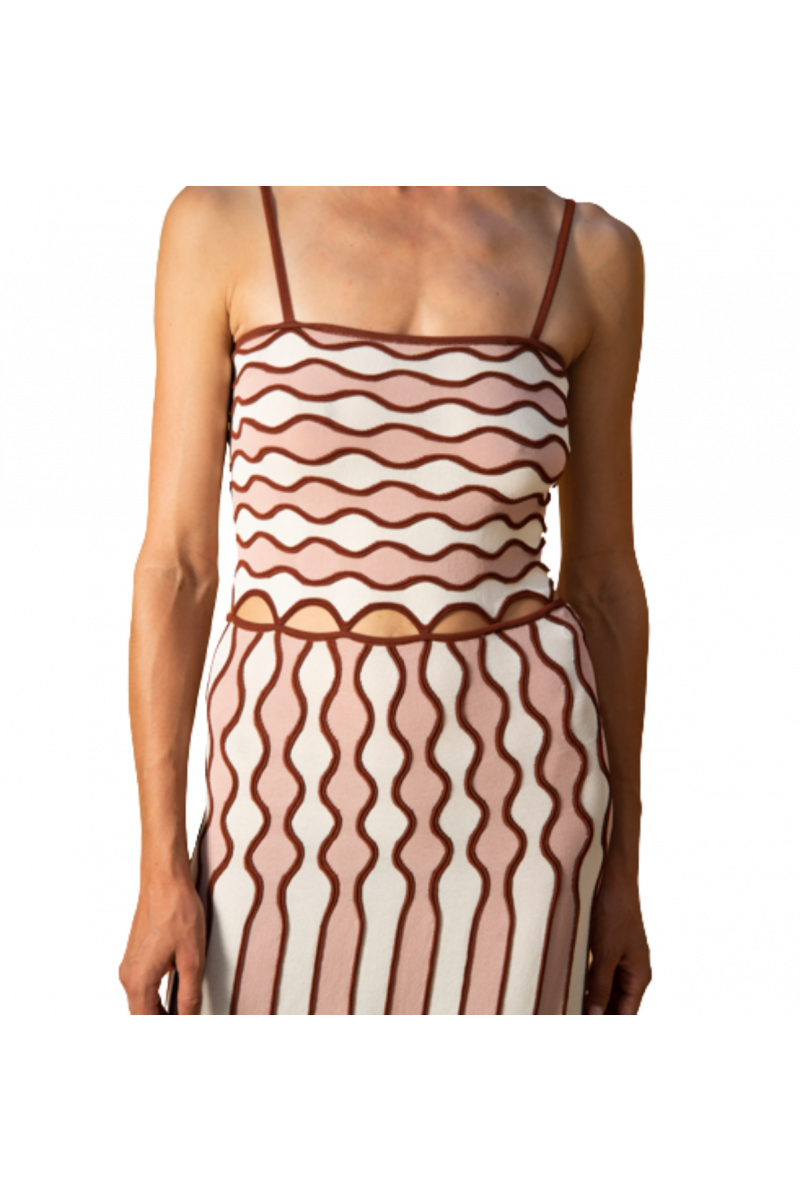 PORTAMI VIA CINDY MOTIVE MIDI DRESS ECRU&RED&PINK