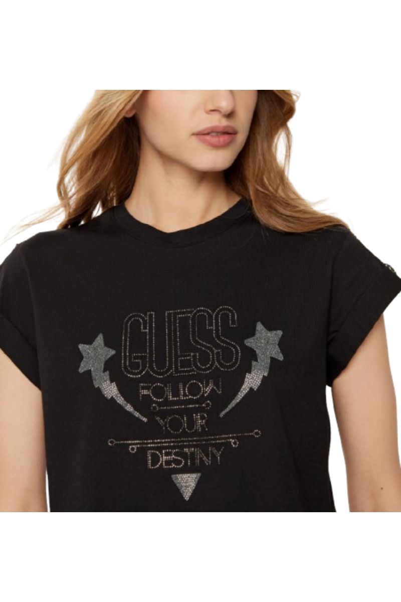 GUESS - SS CN SLEEVES STRASS DETAIL BLACK - 357689